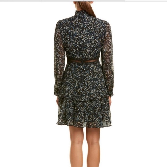 Donna Morgan Jade Black Small Floral Print Long Sleeves Ruffles Zip Dress Size 4 - Picture 2 of 11